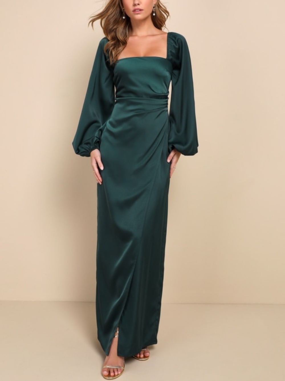 Lulu's Dark Emerald Satin Maxi Dress with Balloon Sleeves
